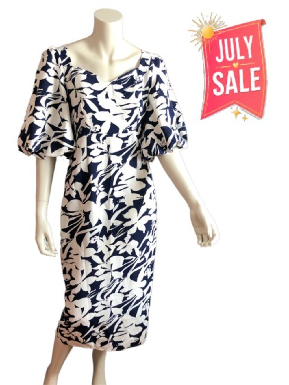 SHEIN x Farah Blue White Puff Sleeve Midi Dress Abstract Floral Size L